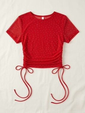Red Ruched Crop Top with Rhinestones - Women